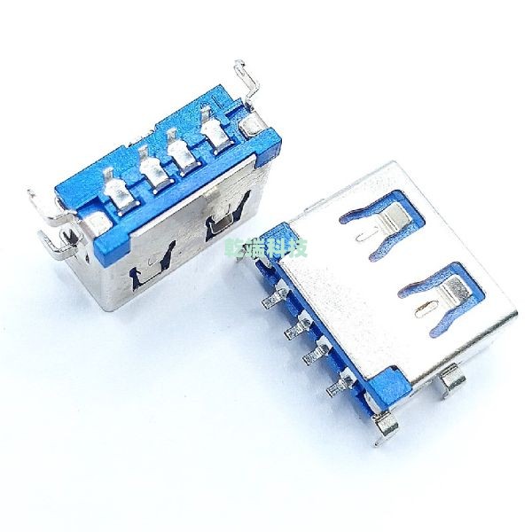 USB AF 沉板1.9 平口铜壳四脚插板 磷铜1U 端子贴片 LCP蓝色胶芯